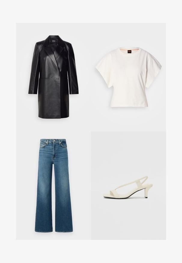 Juodas odinis švarkas su įpjovimu ant apykaklės, vienu mygtuku užsegamas ir ilgomis rankovėmis. Yra lygus paviršius ir pritaikytas siluetas.; Baltas trumpas marškinėliai, plačios trumpomis rankovėmis, minkšta medvilnė, apvali kaklo iškirptė su subtiliu oranžiniu apvadu, minimalus dizainas, be raštų ar grafikų.; Šviesiai mėlyni plačiakojai džinsai, pagaminti iš denimo, su aukštu liemeniu, penkių kišenių dizainu ir subtiliais blukimo efektais ant kojų.; Kreminės blokų kulno šlepetės su plonomis dirželiais ir kvadratiniu pirštu. Lygus medžiaga su minimaliais akcentais, sukurtos lengvam dėvėjimui.