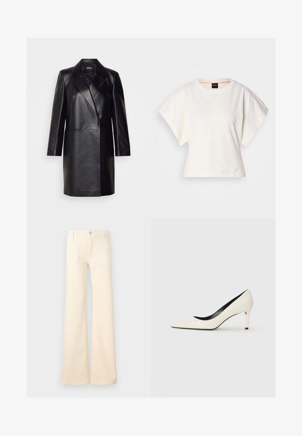 Blazer de couro preto com colarinho com bico, fecho de botão único e mangas longas. Apresenta uma textura suave e um corte ajustado.; T-shirt branco cropped, mangas curtas e largas, material de algodão suave, decote redondo com um discreto acabamento laranja, design minimalista, sem padrões ou gráficos.; Jeans flare de cor creme com uma textura suave, apresentando dois bolsos traseiros e um fecho de botão na frente. Design reto com uma cintura alta.; Sapatilha alta em couro sintético branco com bico fino, salto esbelto e detalhes interiores em preto. Textura suave e design elegante.