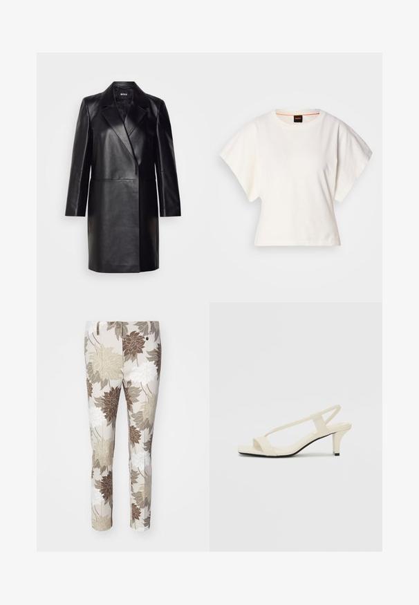 Black leather blazer with a notched collar, single button closure, and long sleeves. Features smooth texture and tailored fit.; White cropped T-shirt, short wide sleeves, soft cotton material, round neckline with subtle orange trim, minimal design, no patterns or graphics.; Floral-patterned trousers in beige, brown, and white. Features a smooth fabric with a straight leg design and button closure.; Beige block-heeled sandals with thin straps and a square toe. Smooth material with minimal detailing, designed for easy wear.