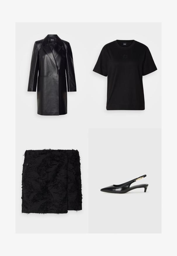 Blazer de cuero negro con solapa muesca, cierre de un solo botón y mangas largas. Presenta una textura suave y un ajuste entallado.; Camiseta de algodón negra con cuello redondo, mangas cortas y un logo bordado en el pecho. Ajuste simple y relajado sin patrones.; Falda negra con tejido texturizado que presenta acentos deshilachados. Forma cuadrada, longitud por encima de la rodilla y detalle de botón lateral.; Tacones negros de piel sintética tipo slingback con punta afilada, que cuentan con un tacón delgado y un detalle en tono dorado en la correa ajustable. Textura suave.