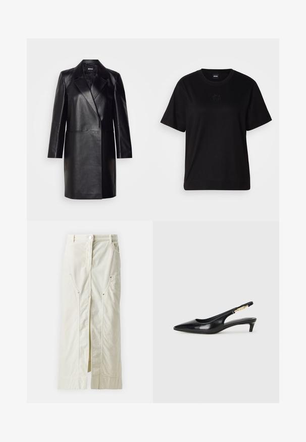 Fekete bőr blézer, hajtott gallérral, egygombos záródással és hosszú ujjal. Simaság jellemzi, és testre szabott fazonú.; Fekete pamut póló kerek nyakkivágással, rövid ujjakkal és hímzett logóval a mellkasán. Egyszerű, laza szabás, minta nélkül.; Világos bézs kordbársony szoknya frontális hasítékkal, két oldalsó zsebével, patentgombos záródással és gombbal a deréknál.; Fekete bőr slingback magassarkúk, hegyes orral, vékony sarkakkal és arany színű részlettel a állítható pánton. Simа felület.