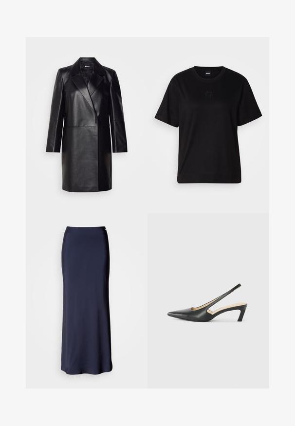 Blazer de couro preto com colarinho com bico, fecho de botão único e mangas longas. Apresenta uma textura suave e um corte ajustado.; T-shirt de algodão preto com decote redondo, mangas curtas e um logótipo bordado no peito. Corte simples e descontraído, sem padrões.; Saia maxi de cetim azul marinho com uma textura suave, silhueta reta e uma fenda lateral discreta. Apresenta uma cintura e detalhes mínimos.; Sandal com bico fino e calcanhar baixo, em couro liso, com um design recortado na lateral para respirabilidade.