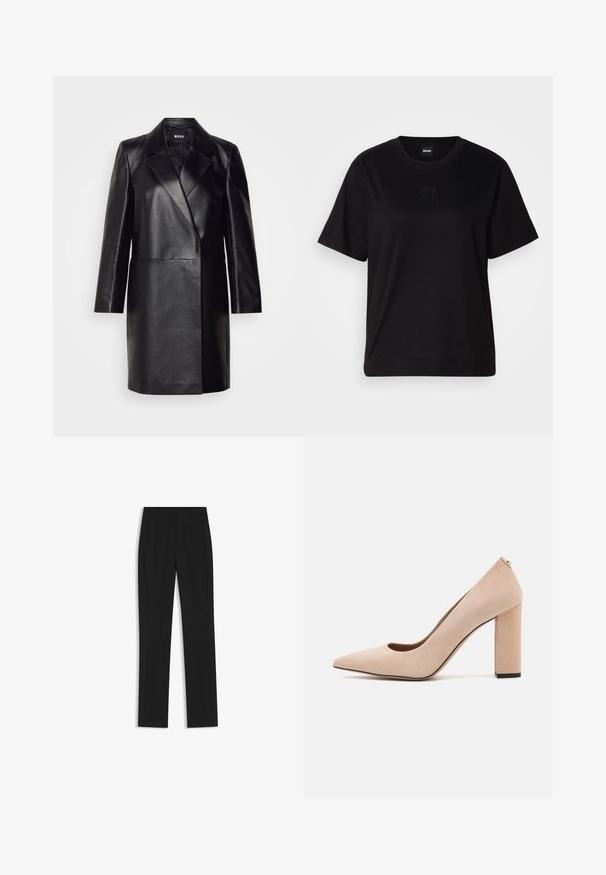 Giacca in pelle nera con colletto a revers, chiusura con un solo bottone e maniche lunghe. Presenta una texture liscia e una vestibilità sartoriale.; Maglietta in cotone nera con scollatura tonda, maniche corte e logo ricamato sul petto. Design semplice e vestibilità rilassata senza motivi.; Pantaloni neri su misura con un design a gamba dritta, dotati di tasche frontali e un tessuto liscio e strutturato. Dettagli ordinati e minimalisti.; BOSS JANET - Decolleté - light beige