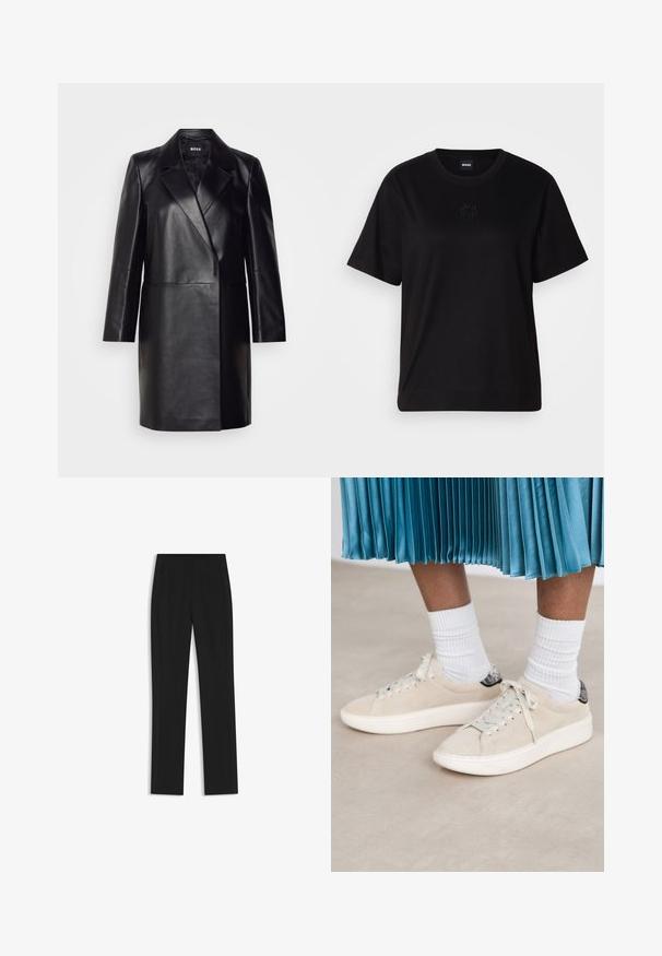 Giacca in pelle nera con colletto a revers, chiusura con un solo bottone e maniche lunghe. Presenta una texture liscia e una vestibilità sartoriale.; Maglietta in cotone nera con scollatura tonda, maniche corte e logo ricamato sul petto. Design semplice e vestibilità rilassata senza motivi.; Pantaloni neri su misura con un design a gamba dritta, dotati di tasche frontali e un tessuto liscio e strutturato. Dettagli ordinati e minimalisti.; Sneakers in suede beige con suola in gomma bianca e design con lacci. Accentuati da una linguetta nera testurizzata sul retro. Indossati con calzini bianchi a coste.