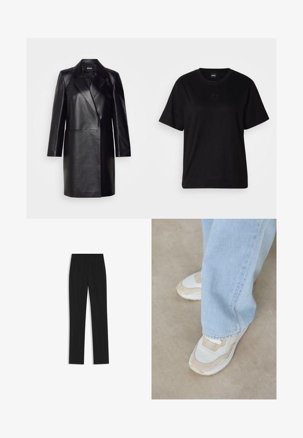 Schwarze Lederblazer mit Reverskragen, einer einzigen Knopfverschluss und langen Ärmeln. Bietet eine glatte Textur und eine taillierte Passform.; Schwarzes Baumwoll-T-Shirt mit Rundhalsausschnitt, kurzen Ärmeln und aufgesticktem Logo auf der Brust. Einfacher, lässiger Schnitt ohne Muster.; Schwarze maßgeschneiderte Hose mit geradem Bein, ausgestattet mit Fronttaschen und einem glatten, strukturierten Stoff. Saubere, minimale Details.; Beige und weiße Sneakers aus Netz- und Wildledermaterial, mit runder Zehenpartie und Gummisohle, kombiniert mit hellblauen Jeans.