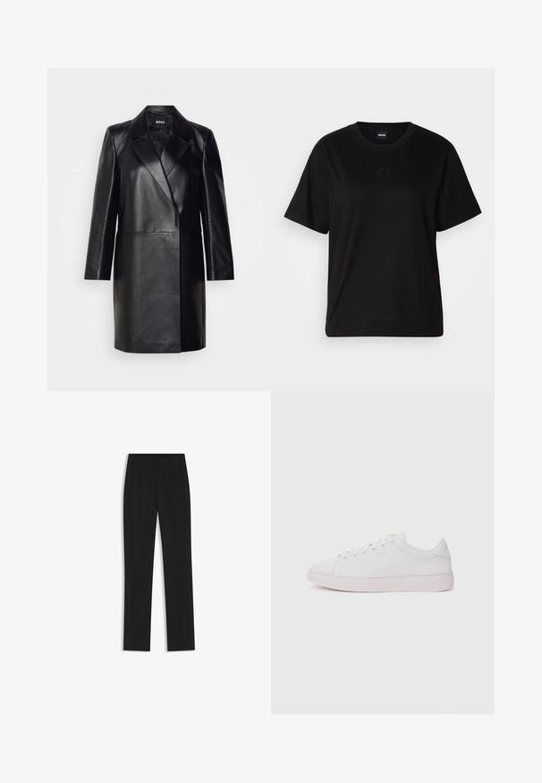 Czarna skórzana marynarka z wyprofilowanym kołnierzem, jednolitym zapięciem na guzik i długimi rękawami. Posiada gładką fakturę i dopasowany krój.; Czarny bawełniany t-shirt z okrągłym dekoltem, krótkimi rękawami i haftowanym logo na piersi. Prosty, luźny krój bez wzorów.; Czarne spodnie o dopasowanym kroju z prostymi nogawkami, z przednimi kieszeniami i gładką, teksturowaną tkaniną. Schludne, minimalistyczne wykończenie.; Białe sneakersy z gładką skórzaną cholewką, okrągłym czubkiem i płaską gumową podeszwą. Posiadają sznurowane zapięcie oraz subtelne logo z boku.