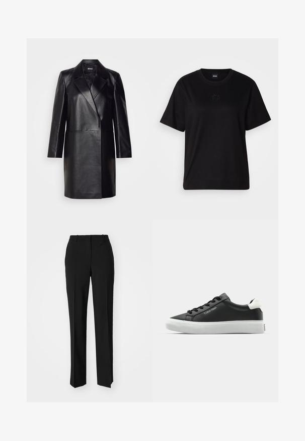 Blazer de cuero negro con solapa muesca, cierre de un solo botón y mangas largas. Presenta una textura suave y un ajuste entallado.; Camiseta de algodón negra con cuello redondo, mangas cortas y un logo bordado en el pecho. Ajuste simple y relajado sin patrones.; Pantalones negros ajustados con un diseño de pierna recta, que presentan una textura suave y pliegues nítidos en el frente. Sin herrajes visibles.; Zapatillas de cuero negro con suela de goma blanca. Presentan cordones negros y un logo en el lateral. Punta redondeada y cuello acolchado.
