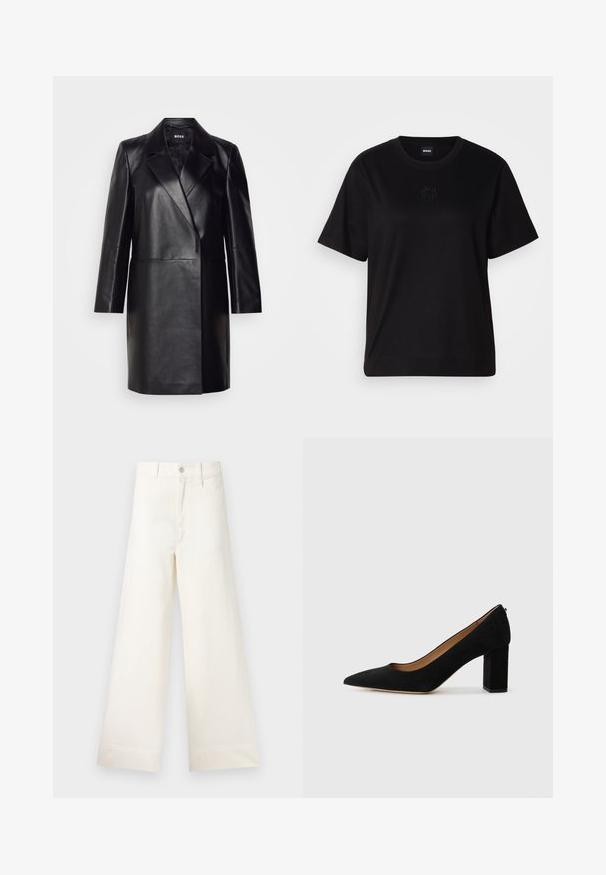 Černá kožená blejzr s klopovým límcem, zapínáním na jeden knoflík a dlouhými rukávy. Vyznačuje se hladkou texturou a přiléhavým střihem.; Černé bavlněné tričko s kulatým výstřihem, krátkými rukávy a vyšitým logem na hrudi. Jednoduchý, volný střih bez vzorů.; Kalhoty s širokými nohavicemi v světle béžové bavlně. Mají vysoký pas, přední kapsy a rovný střih. Čistý lem bez vzorů.; Černé semišové lodičky s špičatou špičkou a masivním blokovým podpatkem, s minimalistickým designem. Hladký povrch a žádné viditelné vzory nebo akcenty.