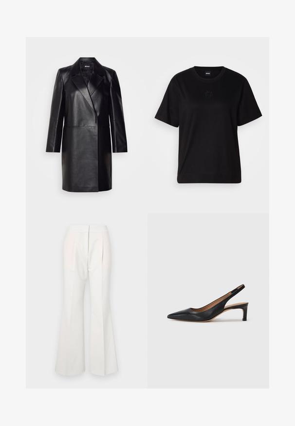 Black leather blazer with a notched collar, single button closure, and long sleeves. Features smooth texture and tailored fit.; Black cotton t-shirt with a crew neckline, short sleeves, and an embroidered logo on the chest. Simple, relaxed fit with no patterns.; White flared trousers with a smooth texture, featuring pleats at the front and subtly contrasting fabric panels in a lighter shade.; Black leather slingback pump with a pointed toe, low heel, and a smooth texture. Features a thin adjustable strap for a secure fit.