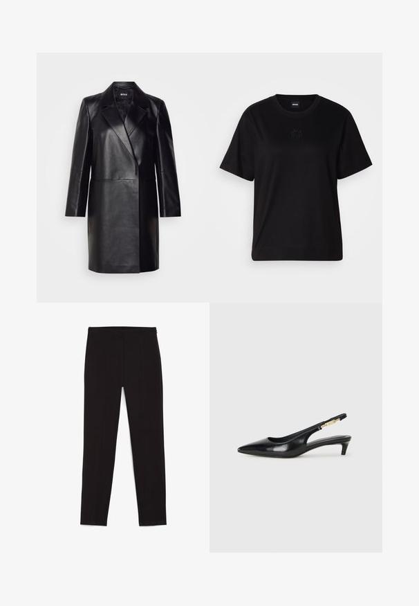 Melna ādas bleizera ar iegriezto apkakli, vienu pogu un garām piedurknēm. Iezīmē gludu tekstūru un piegriezumu, kas pielāgots figūrai.; Melna kokvilnas T-krekls ar apaļu izgriezumu, īsām piedurknēm un izšūtu logotipu uz krūtīm. Vienkāršs, brīvs piegriezums bez rakstiem.; Melni legingi, kas izgatavoti no elastīgas auduma, ar pieguļošu dizainu, šuvju detaļām un elastīgu jostasvietu. Gluda tekstūra, pilna garuma piegriezums.; Melnas ādas slingback zābaki ar smailu purngalu, ar šauru papēdi un zelta krāsas akcentu uz regulējama siksniņas. Gluda tekstūra.