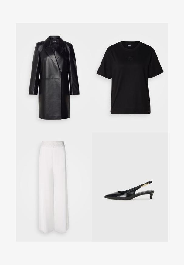 Zwarte leren blazer met een geknopt kraagje, sluiting met één knoop en lange mouwen. Kenmerkt zich door een zachte textuur en een professionele pasvorm.; Zwarte katoenen t-shirt met een ronde hals, korte mouwen en een geborduurd logo op de borst. Eenvoudige, comfortabele pasvorm zonder patronen.; Witte wijde broek met een geweven zilveren tailleband, met een gladde stof en een vloeiende uitstraling. Geschikt voor verschillende gelegenheden.; Zwarte leren slingback hakken met een spitse neus, voorzien van een slanke hak en een goudkleurige accent op de verstelbare band. Gladde textuur.