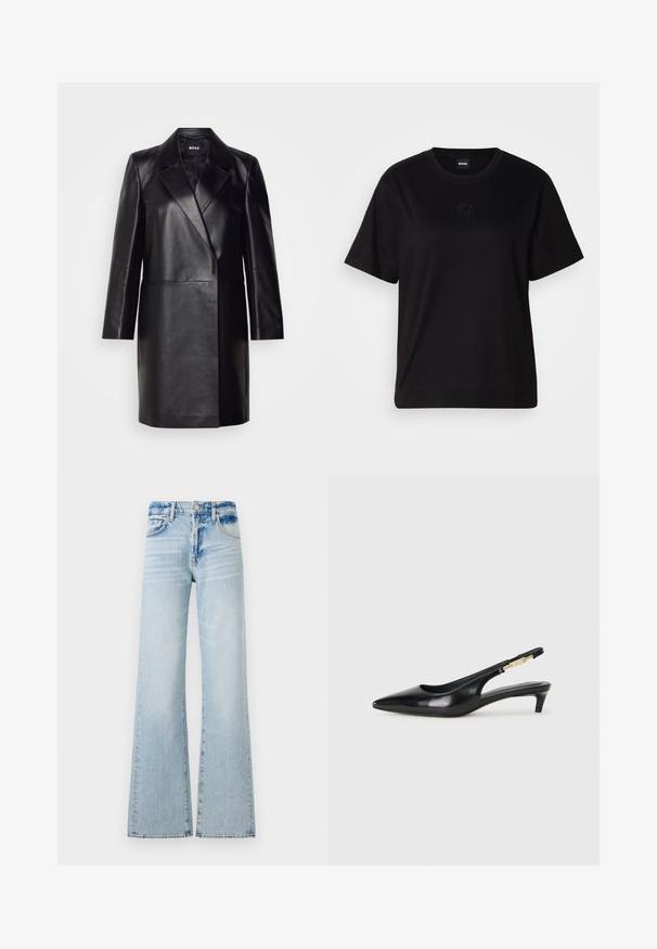 Črna usnjena blazerjakna z izrezanim ovratnikom, zapiranjem na en gumb in dolgimi rokavi. Ima gladko teksturo in prilegajoč kroj.; Črna bombažna majica s krožnim izrezom, kratkimi rokavi in izvezenim logotipom na prsih. Preprosta, sproščena silhueta brez vzorcev.; Svijetloplave široke traperice s srednjim strukom, koje imaju pet džepova i kontrastno šivanje, te su s blejziranom završnom obradom.; Črne usnjene sandale na peto z ostro konico, ki imajo tanko peto in zlat ton na nastavljivem traku. Gladka tekstura.