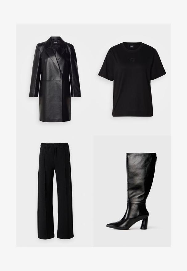 Černá kožená blejzr s klopovým límcem, zapínáním na jeden knoflík a dlouhými rukávy. Vyznačuje se hladkou texturou a přiléhavým střihem.; Černé bavlněné tričko s kulatým výstřihem, krátkými rukávy a vyšitým logem na hrudi. Jednoduchý, volný střih bez vzorů.; Černé rovné kalhoty s elastickým pasem a jemným texturovaným vzorem po celé látce na bílém pozadí.; Černá kožená vysoká boot do půli lýtek s špičatou špičkou, hladkou texturou a masivním podpatkem. Obsahuje zip na zadní straně.