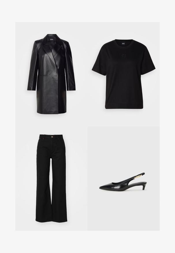 Black leather blazer with a notched collar, single button closure, and long sleeves. Features smooth texture and tailored fit.; Black cotton t-shirt with a crew neckline, short sleeves, and an embroidered logo on the chest. Simple, relaxed fit with no patterns.; Black wide-leg pants made from denim with a high waist, featuring a front fly zipper, button closure, and red accent stitching.; Black leather slingback heels with a pointed toe, featuring a slim heel and a gold-tone accent on the adjustable strap. Smooth texture.