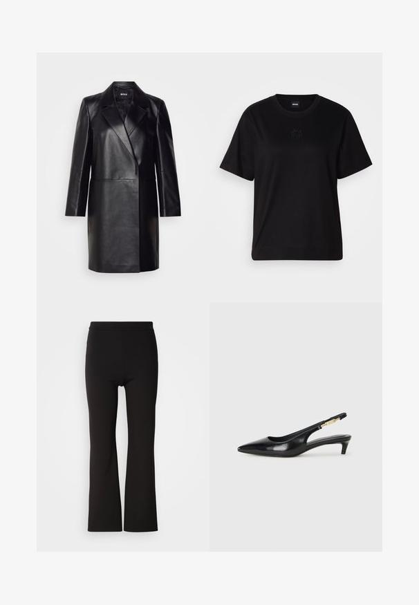 Melna ādas bleizera ar iegriezto apkakli, vienu pogu un garām piedurknēm. Iezīmē gludu tekstūru un piegriezumu, kas pielāgots figūrai.; Melna kokvilnas T-krekls ar apaļu izgriezumu, īsām piedurknēm un izšūtu logotipu uz krūtīm. Vienkāršs, brīvs piegriezums bez rakstiem.; Melni sīkie bikses ar gludu, elastīgu audumu. Augsta josta, piegulošas ap gurniem, un brīvas no ceļiem uz leju.; Melnas ādas slingback zābaki ar smailu purngalu, ar šauru papēdi un zelta krāsas akcentu uz regulējama siksniņas. Gluda tekstūra.
