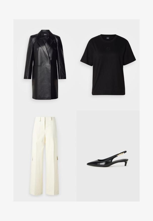 Svart läderblazer med snedskuren krage, enkel knappstängning och långa ärmar. Har en mjuk текстur och skräddarsydd passform.; Svart bomullströja med rund halsringning, korta ärmar och en broderad logotyp på bröstet. Enkel, avslappnad passform utan mönster.; Bredbenta cargobyxor i ljuskrämig tyg, med fickor i lappar, hög midja och sidokilar för extra detalj och funktionalitet.; Svart läder slingback-hälar med spetsig tå, med en smal klack och en guldtonad detalj på den justerbara remmen. Slät textur.