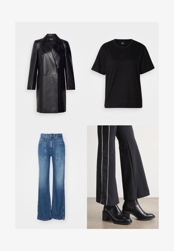 Crna kožna blazer jakna s rebrastim ovratnikom, zatvaranjem na jedan gumb i dugim rukavima. Ima glatku teksturu i kroj prilagođen tijelu.; Crna pamučna majica s okruglim izrezom, kratkim rukavima i izvezenim logotipom na prsima. Jednostavan, opušten kroj bez uzorka.; Traperice visokog struka u plavoj boji s širokim nogavicama, koje imaju dva prednja džepa, kontrastne šavove i sirovi rub na dnu.; Crne kožne gležnjače s blok petom, s elastičnim bočnim panelima. Uparene s crnim hlačama koje imaju bijelu bočnu prugu.