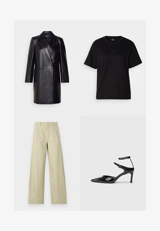 Blazer de couro preto com colarinho com bico, fecho de botão único e mangas longas. Apresenta uma textura suave e um corte ajustado.; T-shirt de algodão preto com decote redondo, mangas curtas e um logótipo bordado no peito. Corte simples e descontraído, sem padrões.; Calças de perna larga em algodão bege claro, com frente lisa e pregas, passantes para cinto e bainhas com punhos. Textura suave e design casual.; Sapatos de salto alto em pele sintética preta, com bico fino, tiras ajustáveis ao tornozelo e um salto esguio. Textura suave com um acabamento brilhante.