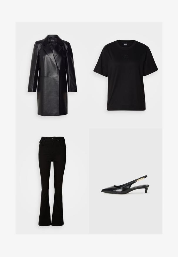 Melna ādas bleizera ar iegriezto apkakli, vienu pogu un garām piedurknēm. Iezīmē gludu tekstūru un piegriezumu, kas pielāgots figūrai.; Melna kokvilnas T-krekls ar apaļu izgriezumu, īsām piedurknēm un izšūtu logotipu uz krūtīm. Vienkāršs, brīvs piegriezums bez rakstiem.; Melnas izplānas džinsus, izgatavotus no denima, ar augstu vidukli, priekšējām kabatām un klasisku piecu kabatu dizainu ar metāla apdares elementiem.; Melnas ādas slingback zābaki ar smailu purngalu, ar šauru papēdi un zelta krāsas akcentu uz regulējama siksniņas. Gluda tekstūra.