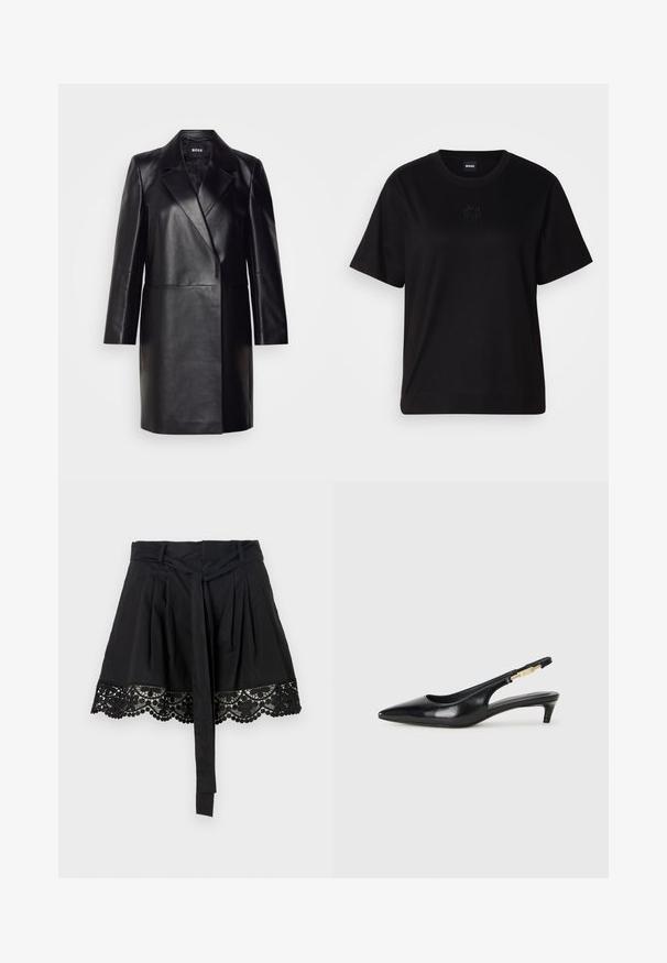 Blazer en cuir noir avec un col cranté, fermeture à un bouton et manches longues. Présente une texture lisse et une coupe ajustée.; T-shirt en coton noir avec un col rond, des manches courtes et un logo brodé sur la poitrine. Coupe simple et décontractée sans motifs.; Jupe noire avec un ourlet en dentelle texturée présentant des bords festonnés et des détails en pompons. Le design comprend un accent de taille nouée.; Talons hauts en cuir noir avec un bout pointu, dotés d'un talon fin et d'un accent en ton or sur la lanière réglable. Texture lisse.