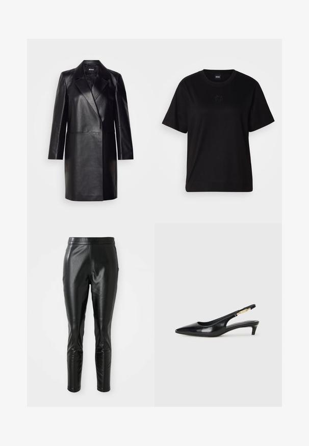Zwarte leren blazer met een geknopt kraagje, sluiting met één knoop en lange mouwen. Kenmerkt zich door een zachte textuur en een professionele pasvorm.; Zwarte katoenen t-shirt met een ronde hals, korte mouwen en een geborduurd logo op de borst. Eenvoudige, comfortabele pasvorm zonder patronen.; Zwarte leren broek met een slim fit, met een gladde textuur en een hoge tailleband. Details omvatten accentuering bij de knieën voor extra design.; Zwarte leren slingback hakken met een spitse neus, voorzien van een slanke hak en een goudkleurige accent op de verstelbare band. Gladde textuur.