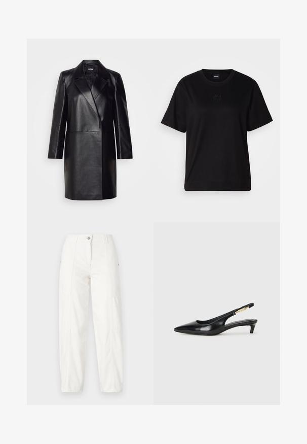 Blazer din piele neagră cu guler decupat, închidere cu un singur nasture și mâneci lungi. Prezintă o textură netedă și o croială ajustată.; T-shirt negru din bumbac, cu guler rotund, mâneci scurte și un logo brodat pe piept. Design simplu, cu o croială relaxată și fără modele.; Pantaloni cargo albi cu un design drept, având buzunare laterale, închidere cu nasture și detalii de cusătură vizibile. Material neted și durabil.; Sandale slingback din piele neagră cu vârf ascuțit, având un toc subțire și un accent de culoare aurie pe curea ajustabilă. Textură netedă.