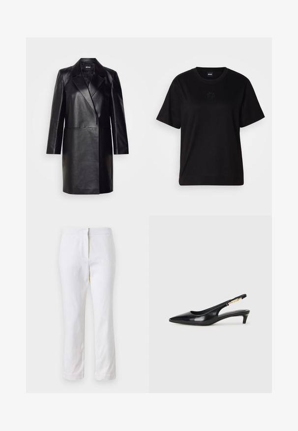 Crna kožna blazer jakna s rebrastim ovratnikom, zatvaranjem na jedan gumb i dugim rukavima. Ima glatku teksturu i kroj prilagođen tijelu.; Crna pamučna majica s okruglim izrezom, kratkim rukavima i izvezenim logotipom na prsima. Jednostavan, opušten kroj bez uzorka.; Bijele pamučne hlače ravnog kroja, sa strukom srednje visine i bez vidljivih metalnih dijelova ili uzoraka. Glatka tekstura kroz cijelu dužinu.; Crne kožne sandale s petom, s izduženim vrhom, imaju usku petu i zlatni akcent na podesivoj traci. Glatka tekstura.