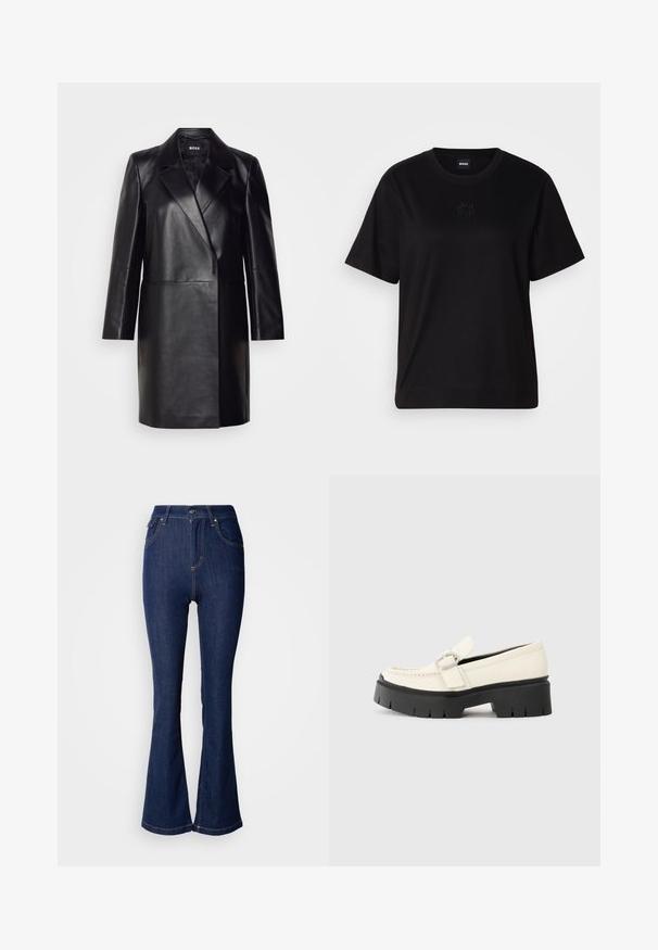 Blazer din piele neagră cu guler decupat, închidere cu un singur nasture și mâneci lungi. Prezintă o textură netedă și o croială ajustată.; T-shirt negru din bumbac, cu guler rotund, mâneci scurte și un logo brodat pe piept. Design simplu, cu o croială relaxată și fără modele.; Jeans evazați de culoare albastru închis din denim, cu talie înaltă, având buzunare frontale, cusături contrastante și închidere cu buton.; Lofer alb din piele, cu o talpă platformă masivă neagră, având o cataramă rectangulară din argint și detalii vizibile de cusătură pe partea superioară.