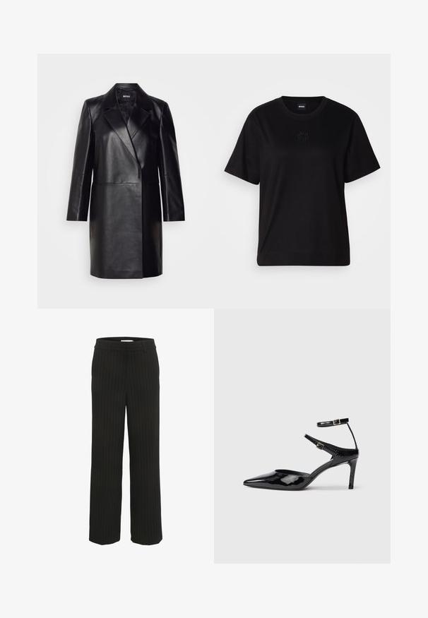 Blazer de couro preto com colarinho com bico, fecho de botão único e mangas longas. Apresenta uma textura suave e um corte ajustado.; T-shirt de algodão preto com decote redondo, mangas curtas e um logótipo bordado no peito. Corte simples e descontraído, sem padrões.; Calças largas com riscas pretas, possuem uma cintura plana e passantes para cinto, feitas de tecido tecido, apresentando riscas verticais em cor contrastante.; Sapatos de salto alto em pele sintética preta, com bico fino, tiras ajustáveis ao tornozelo e um salto esguio. Textura suave com um acabamento brilhante.