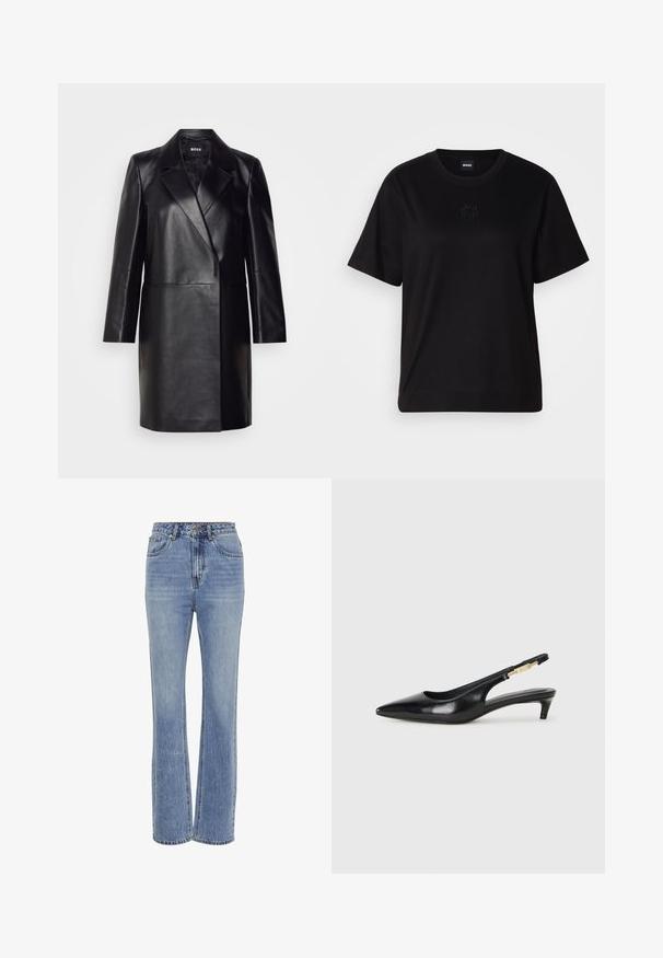 Črna usnjena blazerjakna z izrezanim ovratnikom, zapiranjem na en gumb in dolgimi rokavi. Ima gladko teksturo in prilegajoč kroj.; Črna bombažna majica s krožnim izrezom, kratkimi rokavi in izvezenim logotipom na prsih. Preprosta, sproščena silhueta brez vzorcev.; Svetlo modri traper hlače z visokim pasom, ravnim krojem, petimi žepi, vidnim šivom in rahlo zbledelim videzom.; Črne usnjene sandale na peto z ostro konico, ki imajo tanko peto in zlat ton na nastavljivem traku. Gladka tekstura.