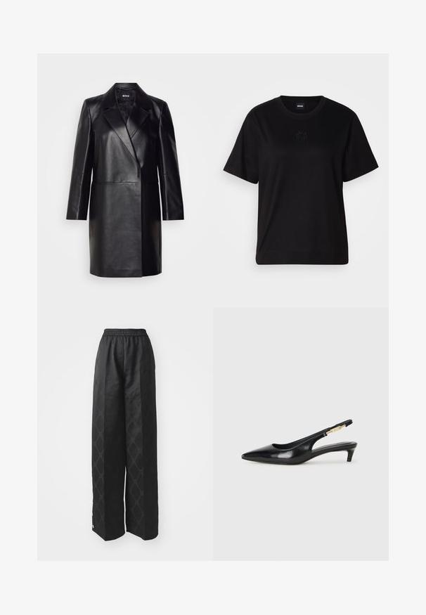 Μαύρο δερμάτινο σακάκι με λαιμόκοψη, κλείσιμο με μονό κουμπί και μακριά μανίκια. Διαθέτει λείο άγγιγμα και κομψή γραμμή.; Μαύρο βαμβακερό μπλουζάκι με στρογγυλή λαιμόκοψη, κοντά μανίκια και κεντημένο λογότυπο στο στήθος. Απλή, χαλαρή γραμμή χωρίς σχέδια.; HUGO HACELIA - Παντελόνι - black; Μαύρες δερμάτινες γόβες slingback με μυτερή μύτη, διαθέτοντας λεπτό τακούνι και χρυσή λεπτομέρεια στην ρυθμιζόμενη λωρίδα. Λείος υφές.