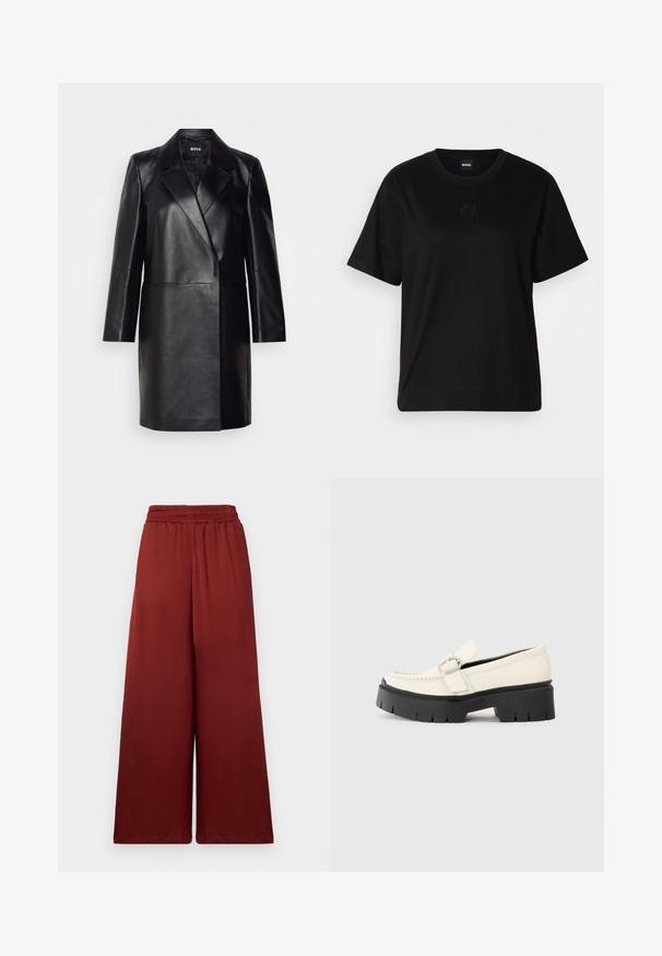 Schwarze Lederblazer mit Reverskragen, einer einzigen Knopfverschluss und langen Ärmeln. Bietet eine glatte Textur und eine taillierte Passform.; Schwarzes Baumwoll-T-Shirt mit Rundhalsausschnitt, kurzen Ärmeln und aufgesticktem Logo auf der Brust. Einfacher, lässiger Schnitt ohne Muster.; Weit geschnittene Hosen aus glattem Stoff in einem tiefen Bordeauxrot, mit einem elastischen Bund für Komfort und fließenden Fall.; Weißer Lederloafer mit einer klobigen schwarzen Plateausohle, ausgestattet mit einer rechteckigen silbernen Schnalle und sichtbaren Nähten im Obermaterial.