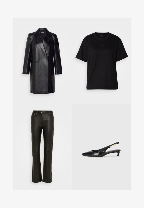 Črna usnjena blazerjakna z izrezanim ovratnikom, zapiranjem na en gumb in dolgimi rokavi. Ima gladko teksturo in prilegajoč kroj.; Črna bombažna majica s krožnim izrezom, kratkimi rokavi in izvezenim logotipom na prsih. Preprosta, sproščena silhueta brez vzorcev.; Črne hlače iz umetnega usnja z razširjenim dizajnom, z gumbom za zapiranje, zanko za pas in dvema sprednjima žepkoma. Gladka tekstura in oprijet kroj.; Črne usnjene sandale na peto z ostro konico, ki imajo tanko peto in zlat ton na nastavljivem traku. Gladka tekstura.