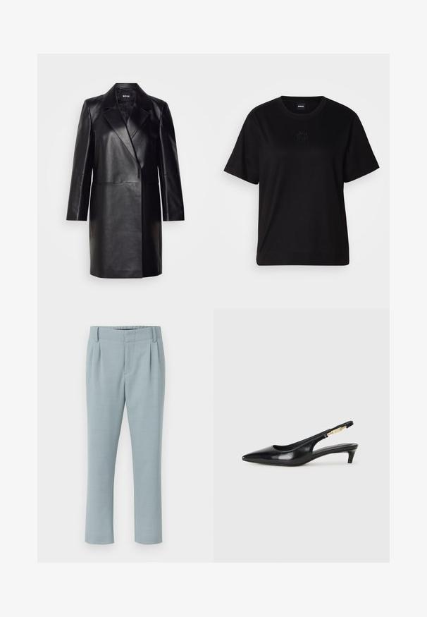 Giacca in pelle nera con colletto a revers, chiusura con un solo bottone e maniche lunghe. Presenta una texture liscia e una vestibilità sartoriale.; Maglietta in cotone nera con scollatura tonda, maniche corte e logo ricamato sul petto. Design semplice e vestibilità rilassata senza motivi.; DRYKORN DISPATCH - Pantaloni - blue; Tacchi slingback in pelle nera con punta affusolata, caratterizzati da un tacco alto e un accento dorato sulla cinghia regolabile. Texture liscia.