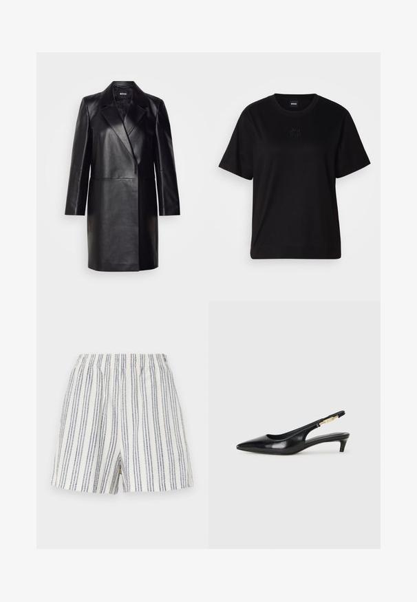 Crna kožna blazer jakna s rebrastim ovratnikom, zatvaranjem na jedan gumb i dugim rukavima. Ima glatku teksturu i kroj prilagođen tijelu.; Crna pamučna majica s okruglim izrezom, kratkim rukavima i izvezenim logotipom na prsima. Jednostavan, opušten kroj bez uzorka.; Prugaste hlače napravljene od lagane tkanine, s vertikalnim plavim i bijelim prugama, elastičnim pojasom i opuštenim krojem.; Crne kožne sandale s petom, s izduženim vrhom, imaju usku petu i zlatni akcent na podesivoj traci. Glatka tekstura.