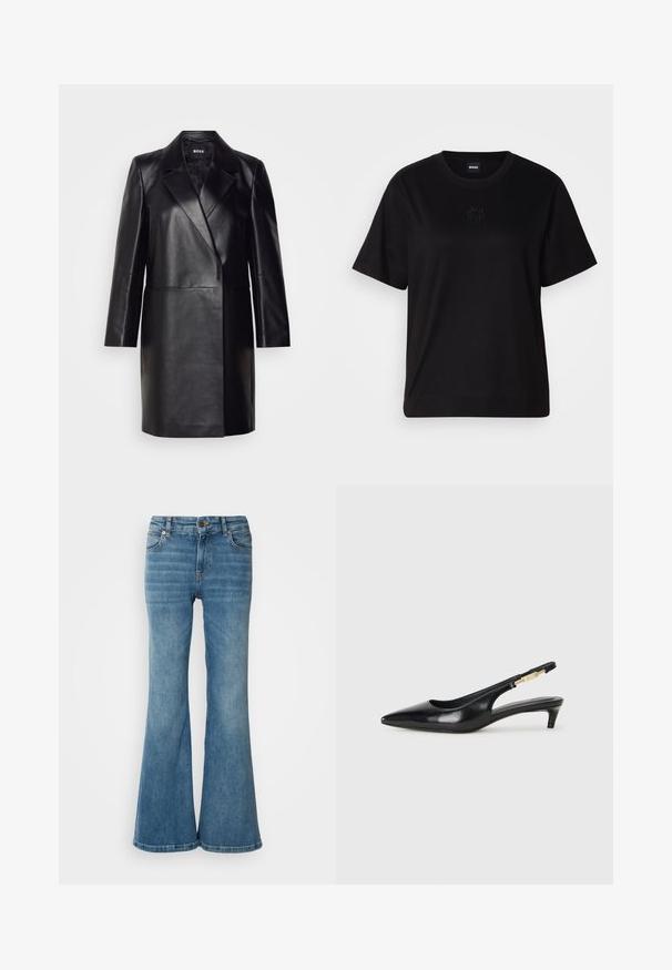 Juodas odinis švarkas su įpjovimu ant apykaklės, vienu mygtuku užsegamas ir ilgomis rankovėmis. Yra lygus paviršius ir pritaikytas siluetas.; Juodas medvilninis marškinėliai su apvalia iškirpte, trumpomis rankovėmis ir siuvinėjimu ant krūtinės. Paprastas, laisvas siluetas be raštų.; Šviesiai mėlyni platūs džinsai, pagaminti iš džinsinio audinio, su penkiomis kišenėmis, matomomis siūlėmis bei mygtuko ir užtrauktuko uždarymu liemens srityje.; Juodas odinis pavasario batelių modelis su smailiu nosiu, turintis siaurą kulniuką ir auksinės spalvos akcentu reguliuojamoje juostoje. Lygi tekstūra.