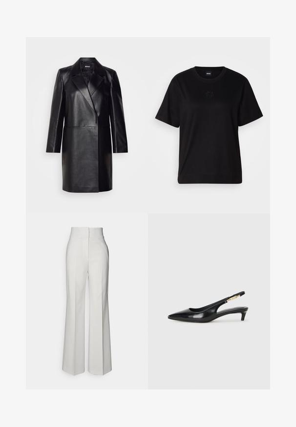 Musta nahkatakki, jossa on lovellinen kaulus, yksittäinen nappilukko ja pitkät hihat. Ominaisuuksiin kuuluvat sileä pinta ja istuva leikkaus.; Musta puuvillapaita, jossa on pyöreä kaula-aukko, lyhyet hihat ja brodeerattu logo rinnassa. Yksinkertainen, rento istuvuus ilman kuvioita.; Valkoiset leveälahkeiset housut korkealla vyötäröllä, valmistettu sileästä kankaasta, etuosassa on painatuksia ja siistit linjat.; Mustat nahkaiset slingback-korkokengät, joissa on terävä kärki, ohuet korot ja kultasävytteinen yksityiskohta säädettävässä hihnassa. Silkkinen pinta.