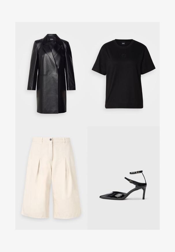 Fekete bőr blézer, hajtott gallérral, egygombos záródással és hosszú ujjal. Simaság jellemzi, és testre szabott fazonú.; Fekete pamut póló kerek nyakkivágással, rövid ujjakkal és hímzett logóval a mellkasán. Egyszerű, laza szabás, minta nélkül.; Beige, rakott sort, pamut szövetből készült. Gombos záródással és bő lábakkal rendelkezik. Sima textúra, tiszta varrási részletekkel.; Fekete lakkbőr magassarkú cipők hegyes orral, állítható bokapánttal és vékony sarokkal. Simább textúra fényes kivitelben.