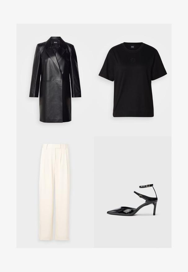 Sorte læderjakke med slagkrave, enkelt knaplukning og lange ærmer. Har en glat tekstur og en skræddersyet pasform.; Sort bomulds t-shirt med rund halsudskæring, korte ærmer og et broderet logo på brystet. Enkel, afslappet pasform uden mønstre.; Lys beige brede benbukser med en glat tekstur, der har forskydninger foran og en flad talje. Ingen synlige lukninger eller lommer.; Sorte laklæderhæle med spids tå, justerbare ankelstropper og en slank hæl. Glat tekstur med en skinnende finish.