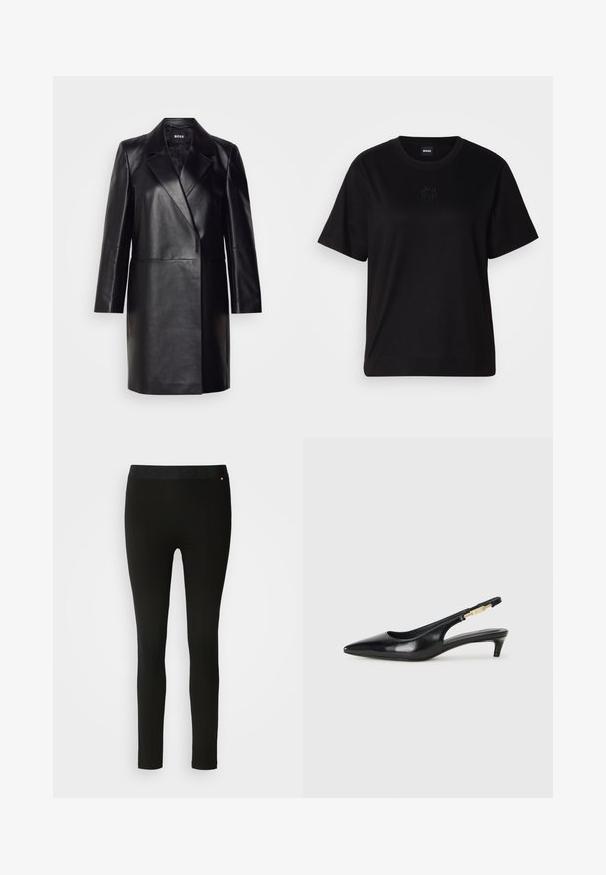 Juodas odinis švarkas su įpjovimu ant apykaklės, vienu mygtuku užsegamas ir ilgomis rankovėmis. Yra lygus paviršius ir pritaikytas siluetas.; Juodas medvilninis marškinėliai su apvalia iškirpte, trumpomis rankovėmis ir siuvinėjimu ant krūtinės. Paprastas, laisvas siluetas be raštų.; Juodos sportinės leginsai su lygiu paviršiumi, turintys lankstų juosmenį ir subtilius siūlių akcentus. Be raštų ar metalinių detalių.; Juodas odinis pavasario batelių modelis su smailiu nosiu, turintis siaurą kulniuką ir auksinės spalvos akcentu reguliuojamoje juostoje. Lygi tekstūra.