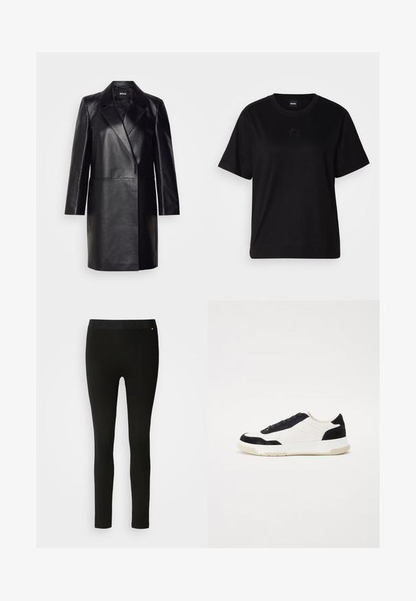 Crna kožna blazer jakna s rebrastim ovratnikom, zatvaranjem na jedan gumb i dugim rukavima. Ima glatku teksturu i kroj prilagođen tijelu.; Crna pamučna majica s okruglim izrezom, kratkim rukavima i izvezenim logotipom na prsima. Jednostavan, opušten kroj bez uzorka.; Crne tajice s glatkom teksturom, s fleksibilnim pojasom i suptilnim detaljima šavova. Bez uzoraka ili metalnih dijelova.; Tenisice s gornjim dijelom od bijele kože, crnim nubuk naglascima i teksturiranim gumama. Imaju vezanje s vezicama i šivane detalje.