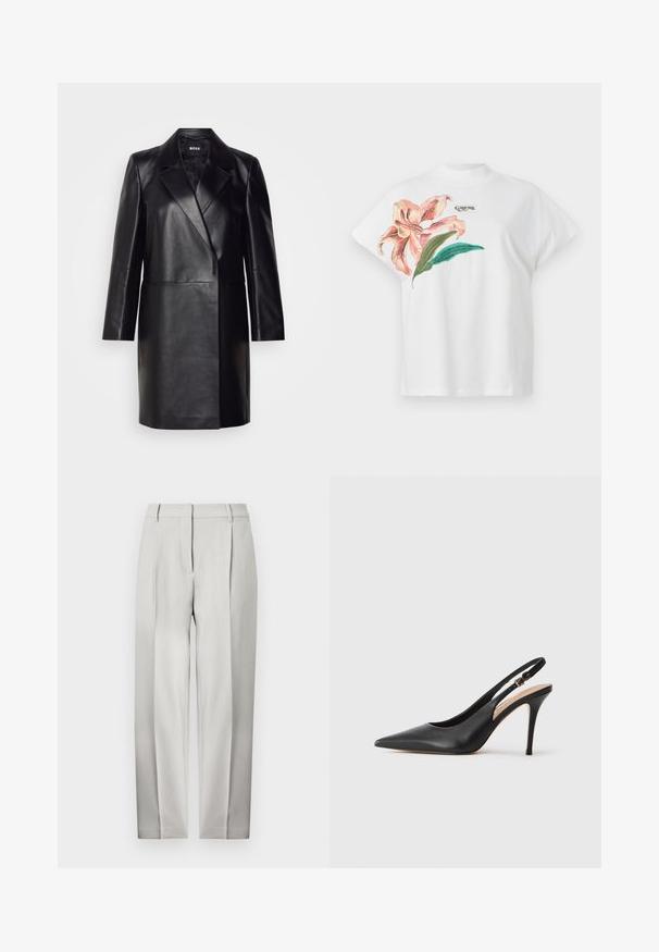 Black leather blazer with a notched collar, single button closure, and long sleeves. Features smooth texture and tailored fit.; White cotton T-shirt with short sleeves, featuring a pink floral design and green leaves on the left side. "Guess" logo in gray above the design.; Light gray tailored pants featuring a straight-leg design, front pleats, and a smooth texture. No visible pockets or embellishments.; Black leather slingback high heel shoe with a pointed toe, smooth texture, and a delicate strap featuring a metallic buckle.