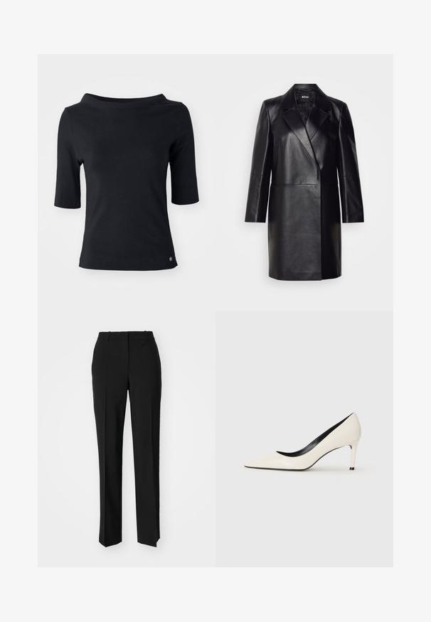 Zwarte leren blazer met een geknopt kraagje, sluiting met één knoop en lange mouwen. Kenmerkt zich door een zachte textuur en een professionele pasvorm.; Zwarte korte mouwen t-shirt van zachte katoen, met een brede halslijn en een klein logo detail aan de zoom. Glad textuur, reguliere pasvorm.; Zwarte op maat gemaakte broek met een recht model, voorzien van een soepele textuur en scherpe plooien aan de voorkant. Geen zichtbare hardware.; Witte gepatineerde leren hoge hakken met een puntige neus, slanke hak en zwarte interieurafwerking. Gladde textuur en stijlvolle uitstraling.