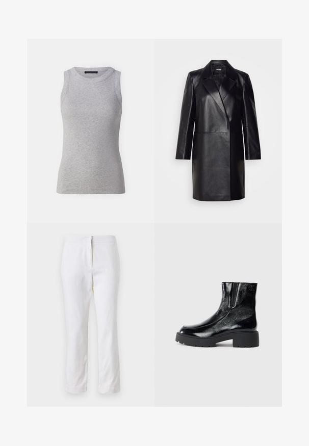 Blazer de couro preto com colarinho com bico, fecho de botão único e mangas longas. Apresenta uma textura suave e um corte ajustado.; Camisola cinza sem mangas feita de tecido canelado. Apresenta um decote redondo e um corte justo. Design simples, sem padrões ou detalhes visíveis.; Calças de algodão brancas com um design de perna reta, apresentando uma cintura de altura média e sem hardware ou padrões visíveis. Textura suave por toda a peça.; Botas de tornozelo pretas com acabamento em pele envernizada brilhante, sola de borracha preta robusta e salto elevado; inclui um detalhe discreto do logótipo na lateral.