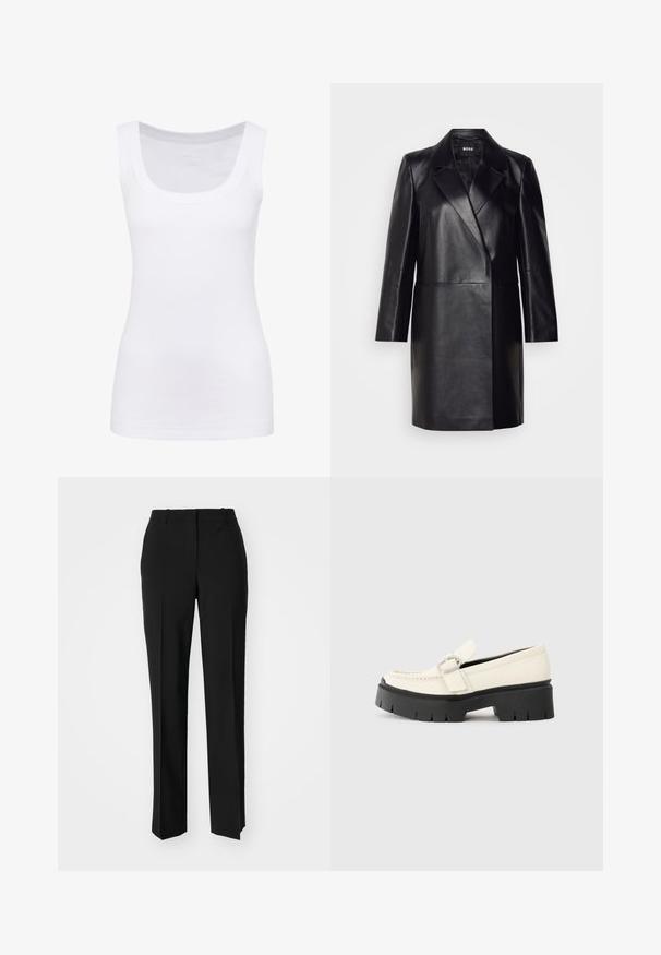 Schwarze Lederblazer mit Reverskragen, einer einzigen Knopfverschluss und langen Ärmeln. Bietet eine glatte Textur und eine taillierte Passform.; Weißes ärmelloses Tanktop aus glattem Stoff mit runder Ausschnittlinie und taillierter Silhouette. Keine sichtbaren Muster oder Akzente.; Schwarze, taillierte Hose mit geradem Bein, aus einem glatten Stoff und mit klaren Falten an der Vorderseite. Keine sichtbare Hardware.; Weißer Lederloafer mit einer klobigen schwarzen Plateausohle, ausgestattet mit einer rechteckigen silbernen Schnalle und sichtbaren Nähten im Obermaterial.