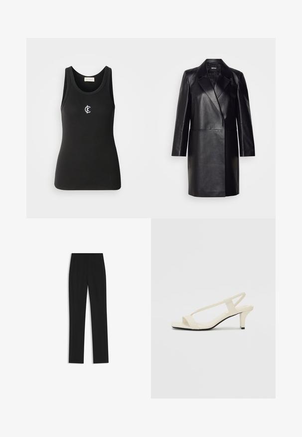 Czarna skórzana marynarka z wyprofilowanym kołnierzem, jednolitym zapięciem na guzik i długimi rękawami. Posiada gładką fakturę i dopasowany krój.; Czarny top na ramiączkach z rypsowanym wzorem i okrągłym dekoltem. Wyróżniające się białe logo Calvin Klein na piersi. Prosty, dopasowany fason.; Czarne spodnie o dopasowanym kroju z prostymi nogawkami, z przednimi kieszeniami i gładką, teksturowaną tkaniną. Schludne, minimalistyczne wykończenie.; Beżowe sandały na blokowym obcasie z cienkimi ramiączkami i kwadratowym noskiem. Gładki materiał z minimalną ilością detali, zaprojektowane z myślą o łatwym zakładaniu.