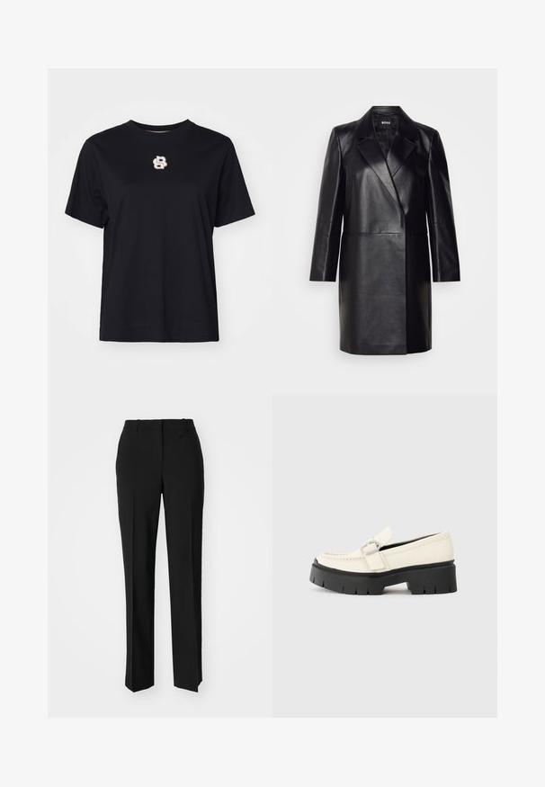Melna ādas bleizera ar iegriezto apkakli, vienu pogu un garām piedurknēm. Iezīmē gludu tekstūru un piegriezumu, kas pielāgots figūrai.; Melnas kokvilnas T-kreklis ar īsām piedurknēm, apaļu kakla izgriezumu un nelielu izšūtu logo baltā un zelta krāsā uz krūtīm.; Melnas pielāgotas bikses ar taisnu kāju dizainu, kas raksturojas ar gludu faktūru un asiem krokām pa priekšu. Nav redzamu metāla detaļu.; Baltā ādas loafera ar masīvu melnu platformu, ar taisnstūra sudraba sprādzi un redzamām šuvām augšējā daļā.