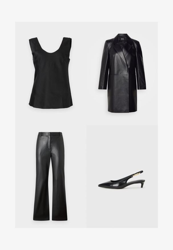 Mustmustnahkblazer, millel on klappkrae, ühe nupuga kinnitamine ja pikad varrukad. Omab siledat tekstuuri ja kohandatud lõiget.; Mustmustarast top ilma varrukatega ümarate kaelustega, millel on sile, veidi läikiv kangas ja laienev alumine äär.; Mustad nahkpüksid sileda tekstuuri, laia jala disaini ja keskmise tõusuga vöökohta, millel on vööklambrid ja eesmine tasku.; Mustad nahast slingback kontsad terava ninaga, millel on õhuke konts ja kuldse tooni aktsent reguleeritaval rihmal. Sile tekstuur.