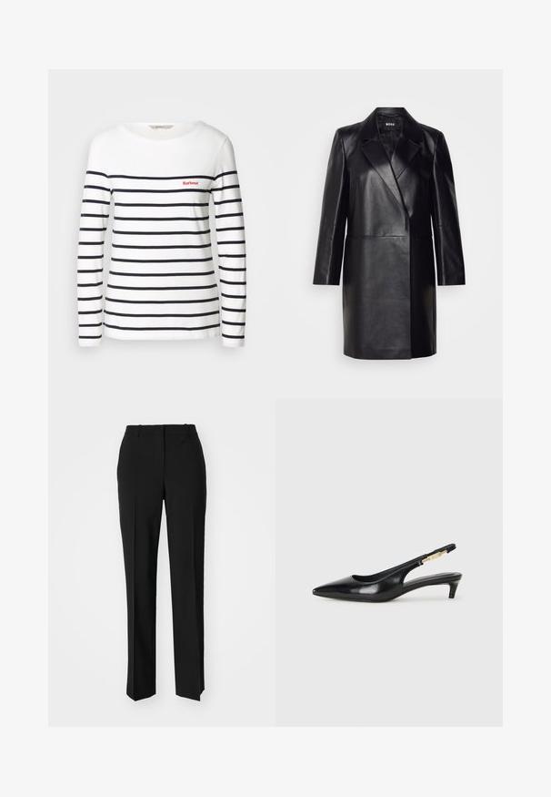 Czarna skórzana marynarka z wyprofilowanym kołnierzem, jednolitym zapięciem na guzik i długimi rękawami. Posiada gładką fakturę i dopasowany krój.; Długi rękaw, prążkowana koszulka w białym kolorze z bawełny, z poziomymi granatowymi paskami i małym czerwonym logo na klatce piersiowej. Klasyczny okrągły dekolt.; Czarne spodnie o dopasowanym kroju z prostymi nogawkami, o gładkiej fakturze i wyraźnych zagięciach z przodu. Bez widocznych elementów metalowych.; Czarne skórzane szpilki typu slingback z ostrym noskiem, posiadające smukły obcas i złoty akcent na regulowanym pasku. Gładka tekstura.