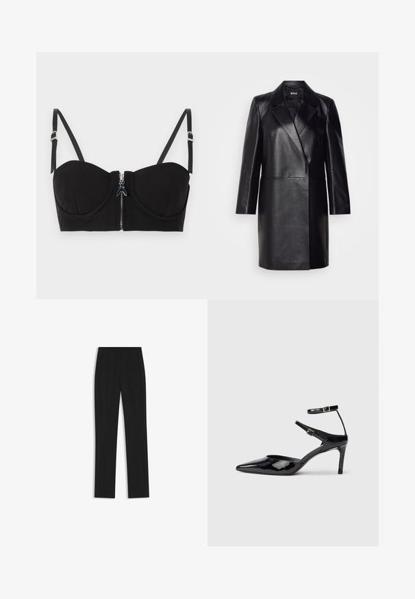 Czarna skórzana marynarka z wyprofilowanym kołnierzem, jednolitym zapięciem na guzik i długimi rękawami. Posiada gładką fakturę i dopasowany krój.; Czarny usztywniany biustonosz z zamkiem z przodu, z regulowanymi ramiączkami i gładką fakturą. Projekt zawiera dyskretne detale przeszycia.; Czarne spodnie o dopasowanym kroju z prostymi nogawkami, z przednimi kieszeniami i gładką, teksturowaną tkaniną. Schludne, minimalistyczne wykończenie.; Czarne lakierowane szpilki z ostrym noskiem, regulowanymi paskami wokół kostki i smukłą szpilką. Gładka tekstura z błyszczącym wykończeniem.